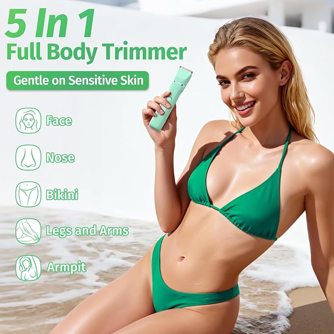 Bikini Trimmer for Women,5-in-1 Electric Razors for Women,Electric Shaver for Women's,IPX7 Waterproof Trimmer for Men Legs,with 5 Replaceable Blade Heads,USB Recharge Dock（Green）