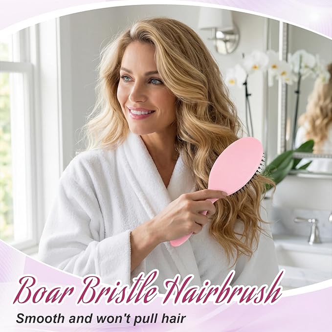 2 Pcs Pink Boar Bristle Hair Brush Set Full-size and Travel Size Soft Boars Hairbrushes Natural Bristle Detangling Brush for Women Men Thick Curly Hair Detangling Soften Silky Shine