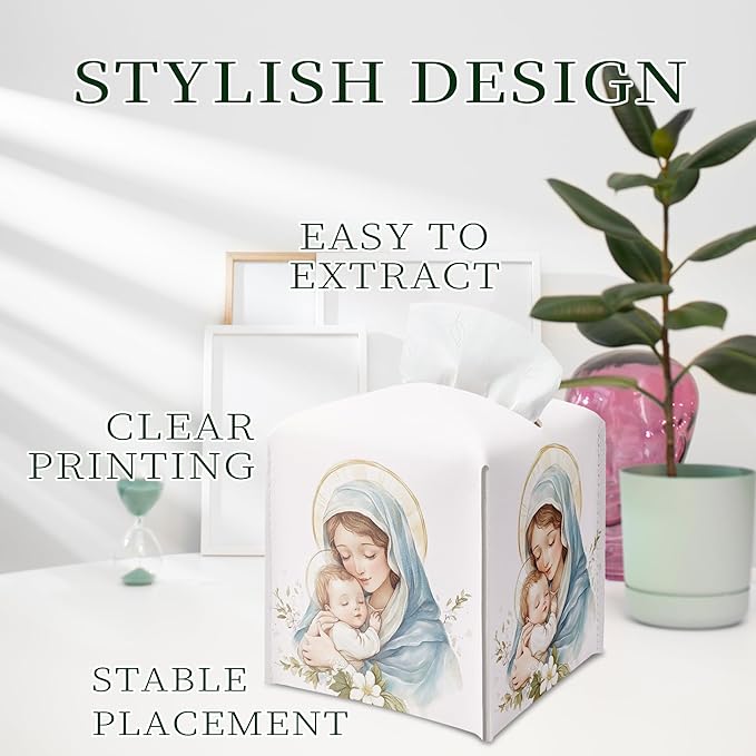 Holy Infant & Virgin Mary Square Tissue Box Cover, PU Leather Drawstring Bottom - Jesus and Virgin Mary, for Office, Bathroom, Home, Christian & Catholic Friends | Blue Decorative Organizer