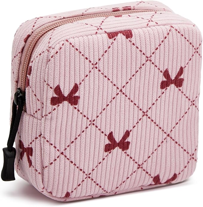Small Makeup Bag for Purse,Mini Cosmetics Bag cute Zipper corduroy Cosmetic Pouch Storage Pouch Travel Toiletry Organizer for Women Girls(Bowknot Pink)