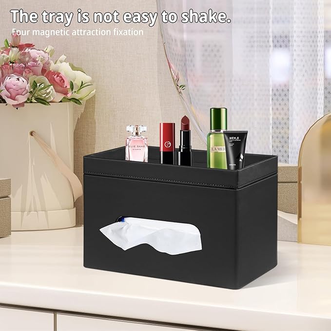 PU Leather Tissue Box Cover Rectangle with Detachable Storage Tray,Fits 230-Count Box Tall Rectangular,Modern Decorative Tissue Box Holder/Organizer for Bathroom,Bedroom Dresser,Night Stand