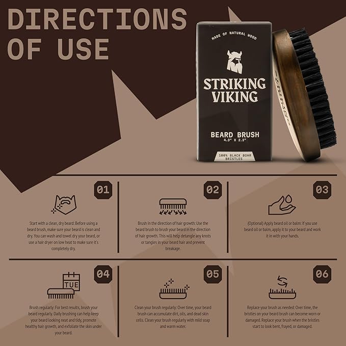 Striking Viking Beard Brush for Men - 4.3 in Beech Wood Handle, Brown - Boar Bristle Beard Brush & Grooming Comb - Travel Size Pocket Groomer