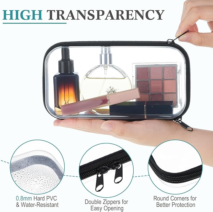 Hoolerry 4 Pcs Hard Clear Zipper Case Makeup Bags Plastic Zipper Pouch Transparent Storage Box Containers for Cosmetics, Snacks, Building Blocks, Puzzles(Clear,7.5 x 3.9 x 2 in,Black and White)