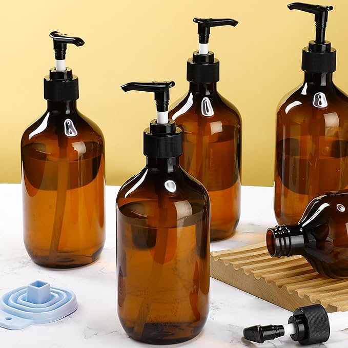 Sliner 6 Pcs Shampoo and Conditioner Dispenser Bottles 16.9 oz Plastic Shower Bottles with Pump and 1 Silicone Funnel Reusable Hand Soap Containers for Bathroom Shower(Amber)