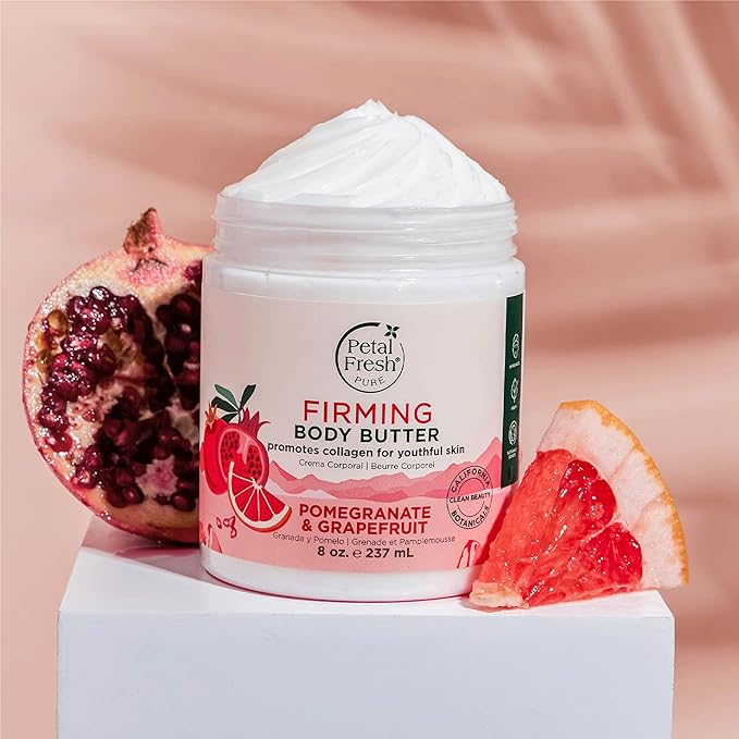 Petal Fresh Pure Firming Pomegranate & Grapefruit Body Butter, Organic Coconut Oil, Argan Oil, Shea Butter, Promotes Collagen, For All Skin Types, Natural Ingredients, Vegan and Cruelty Free, 8 oz