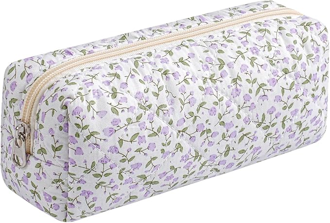 Cute Floral Makeup Brush Bag Small Cotton Quilted Cosmetic Bag for Women Travel Toiletry Zipper Make Up Pouch (Purple Floral)