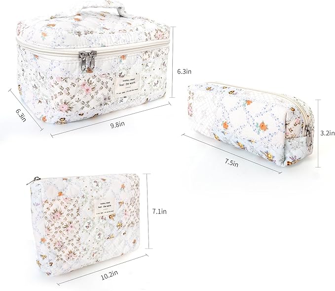 3Pcs Cotton Quilted Makeup Bag Large Travel Cosmetic Bag Coquette Makeup Pouch Cute Aesthetic Floral Toiletry Bag for Women Girls (flower-U)