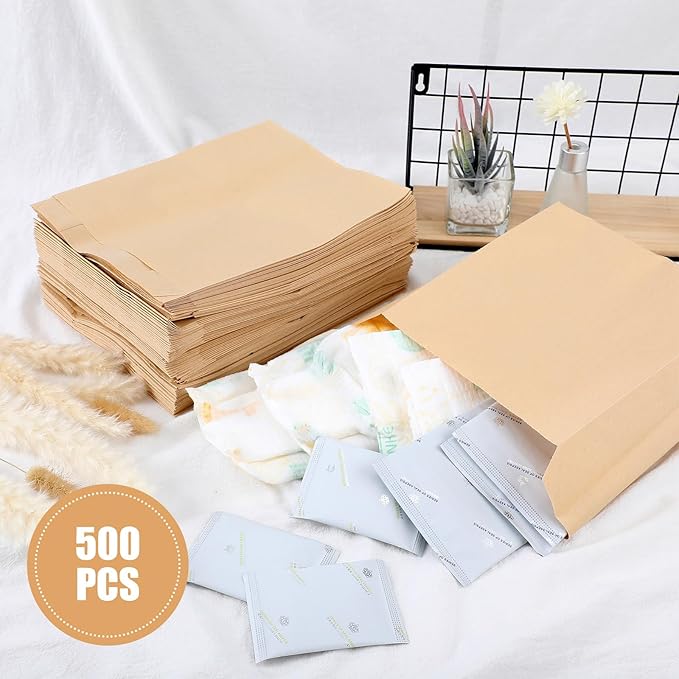 Tenceur 500 Pcs Waxed Sanitary Napkin Disposal Bags 7.5'' x 10'' x 3.5'' Kraft Feminine Hygiene Liner Bag Paper Bags for Commercial Business Personal Restroom Bathroom Janitorial Dispenser
