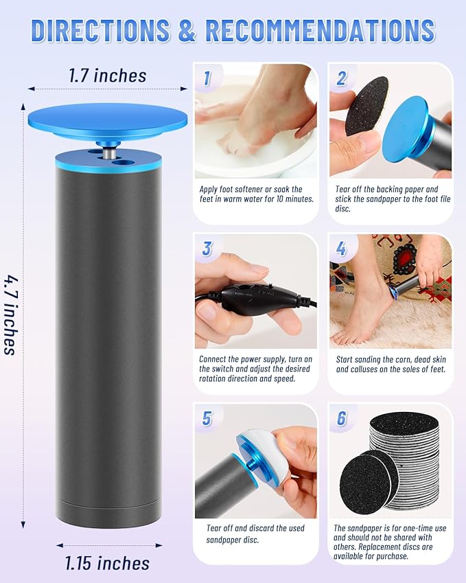 DERMAWAVE Electric Callus Remover for Feet with 60 Sandpaper Discs, Adjustable Speed Professional Foot File Electric Heel Grinder Sander Pedicure Tool for Men & Women