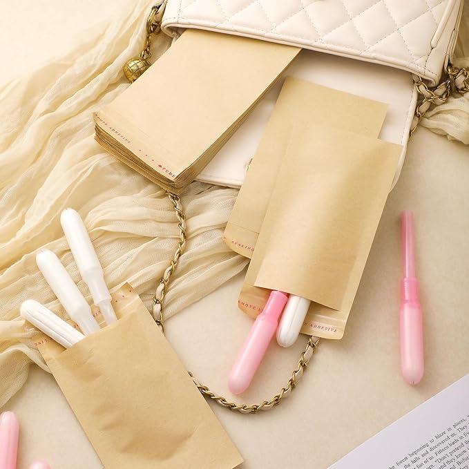 100 Pcs Tampons Disposal Bags Sanitary Napkin Disposal Bags Bulk Feminine Hygiene Disposal Bag Bulk Kraft Tampons Bag for Feminine Products with Self Adhesive for Women Girls, 5.91" x 3.15"
