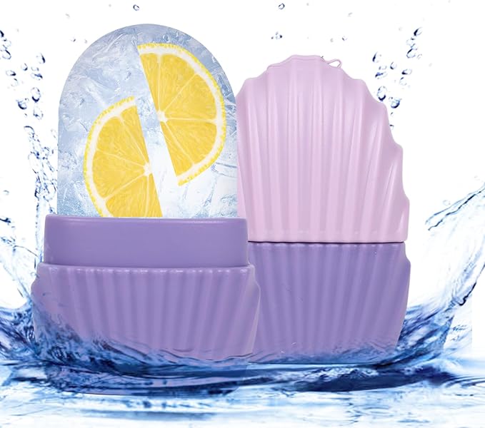 Ice Cube Roller for Face,Eyes and Neck,Reusable Silicone Ice Mold Mermaid Shell Shape for Shrink Pores Anti Wrinkle and Skin Beauty Care,Reduce Migraine Pain,Gua Sha Face Massage Tools (Purple)