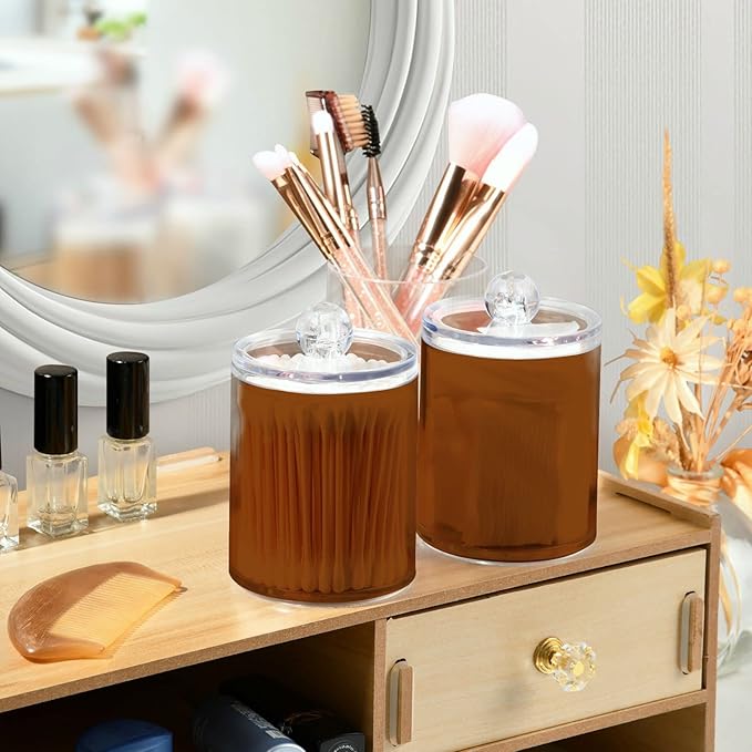 Saddle Brown Qtip Holder Organizer Dispenser Cotton Swabs Cans Plastic Jars with Lid Set 2 Pack Bathroom Storage Canister for Cotton Ball Floss Cotton Pads
