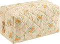 Floral Quilted Cotton Makeup Bag for Women, Large Capacity Travel Cosmetic Pouch with Zipper, Cute Toiletry & Brush Organizer, Kawaii Makeup Storage Case – Yellow/Orange Flowers