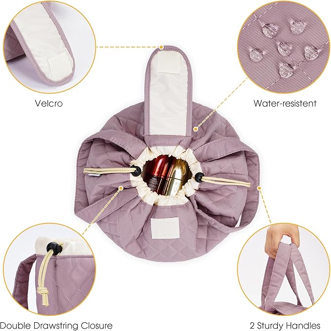 Narwey Barrel Drawstring Makeup Bag Large Cosmetic Bag Make up Bags Women Toiletry Organizer for Travel Toiletries Accessories Essentials (Quilted Dusty Rose) (Patent)
