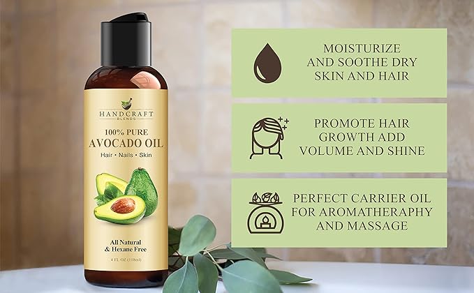 Handcraft Blends Avocado Oil - Cold-Pressed 4 Fl Oz - 100% Pure and Natural - Premium Grade Carrier Oil for Skin and Hair - Hair and Body - Massage - Hexane-Free