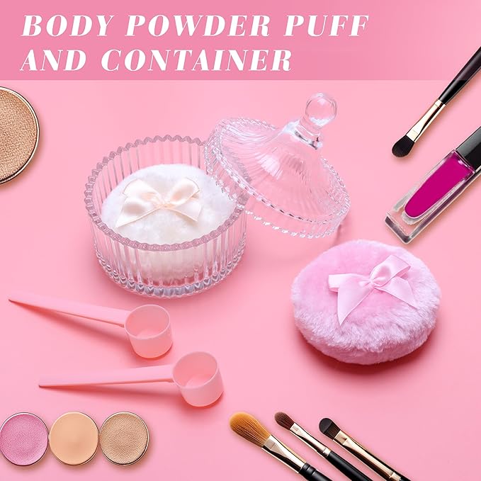 5PCS Body Powder Puff and Container, Coolrunner Crystal Clear Powder Container with Powder Spoon, Dusting Powder with Puff for Women, Washable Reusable