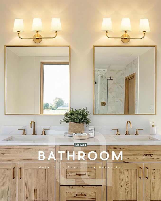 3-Light Bathroom Light Fixtures, Brushed Gold Vanity Lights with Linen Fabric Shade, Modern Sconces Wall Lighting for Hallway Bedroom, Upward Lighting, VL837-BG-A-3
