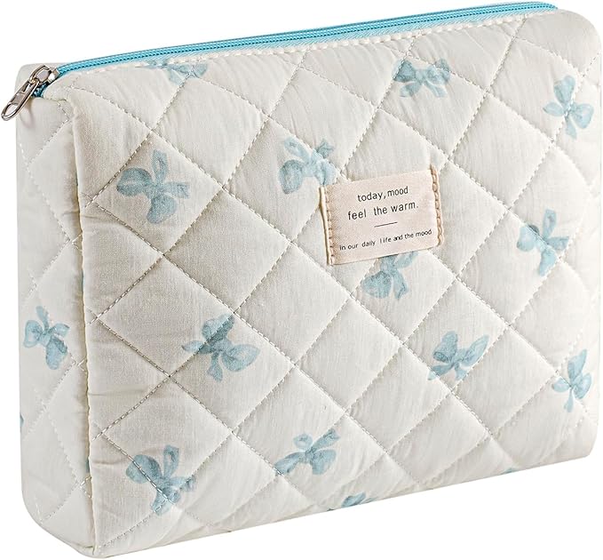 uekeboag Quilted Cotton Makeup Bag,Coquette Quilted Toiletry Bag for Women and Girls,Floral Coquette Pouch,Cute Kawaii Travel Cosmetic Bags(Little Blue Bow)