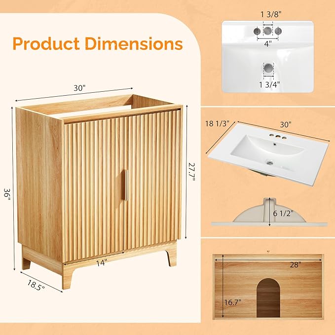 VINGLI 30 Inch Bathroom Vanity with Sink, Mid Century Modern Freestanding Cabinet with Ceramic Top, Fluted Soft-Close Doors & U-Shape Storage for Small Bathroom, Natural Oak