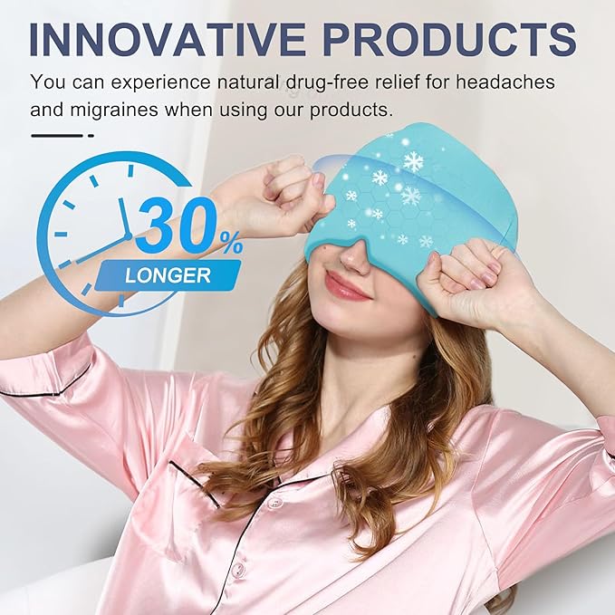 EXQUISLIFE Migraine Headache Relief Cap, Gel Ice Head Wrap, Hot and Cold Therapy, Headache Eyes Mask for Sinus, Puffy Eyes, Tension and Stress Relief (Blue)