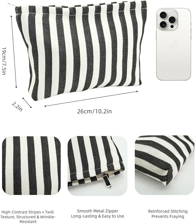Large Black White Stripe Makeup Bag - Canvas Lined Cosmetic Toiletry Travel Pouch | Purse Organizer for Women & Girls