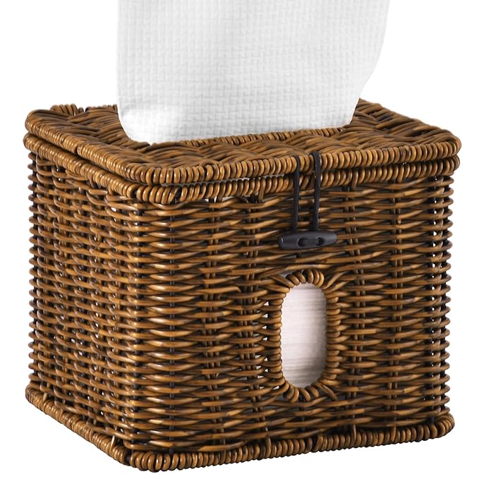 Facial Clean Skin Club Face Towels Holder for Bathroom, Plastic Rattan Disposable Face Towel Holder, Farmhouse Style for XL Face Towels Box Basket with Lid, Vintage Brown