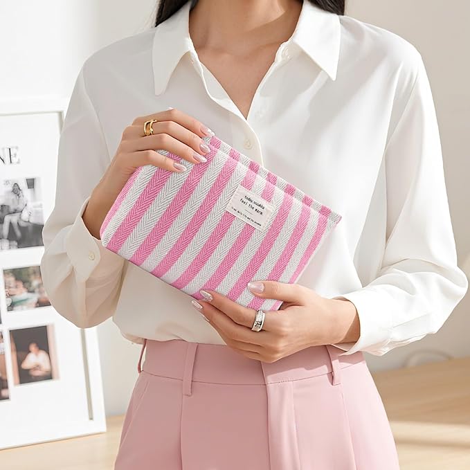 ZLFSRQ Striped Makeup Bag Large Canvas Travel Makeup Bag for Women Cosmetic Pouch Cute Pink Striped Make Up Pouch for Purse Y2k Aesthetic Trendy Zippered Toiletry Bags Gift Skincare Storage Organizer