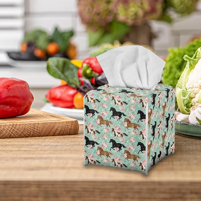 Horses Modern Tissue Box Holder, Waterproof Square PU Leather Napkin Case with Metal Button Closure, Decorative Tissue Cover Organizer for Vanity, Desk, Car, and Living Room