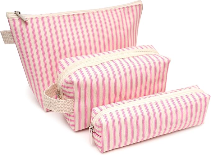 3 Pcs Canvas Makeup Bag Set Cosmetic Pouch for Women Travel Toiletry Bag Cute Makeup Organizer Purse Pouch Preppy Pencil Case with Zipper (Pink Pinstripes)