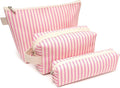 3 Pcs Canvas Makeup Bag Set Cosmetic Pouch for Women Travel Toiletry Bag Cute Makeup Organizer Purse Pouch Preppy Pencil Case with Zipper (Pink Pinstripes)