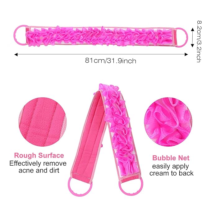 3 PACK Double-Sided Lace Cloth Back Loofah Scrubber Bath Scrub Shower Sponge Long Exfoliating Back Scrubber Scratcher Strap With Handle, Cream Skin Wash Cleaner Applicator