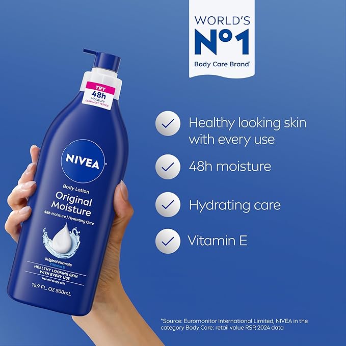 NIVEA Original Moisture Body Lotion with Vitamin E,48-Hour Body Moisturizer for Normal to Dry Skin,16.9 Fl Oz Pump Bottle,(Pack of 2)
