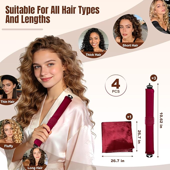 TULOBI 3 Pcs Heatless Curls Overnight - Upgraded Velvet Heatless Hair Curler with Velcro Fastener, Overnight Jumbo Blowout Rods, Hair Curlers to Sleep in for All Hair Types (Burgundy)