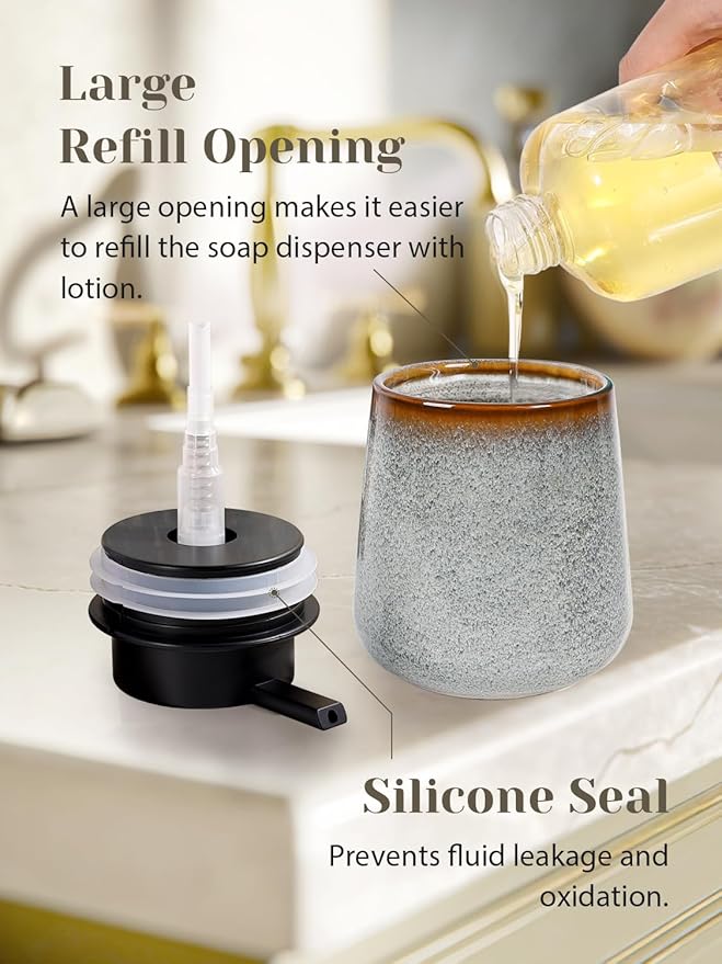 INGOFIN Ceramic Lotion Dispenser - 12 oz Refillable Hand Soap Dispenser Bathroom, Modern Liquid Dispenser with Pump, Dish Soap Dispenser for Kitchen, Kiln-Glazed Grey White