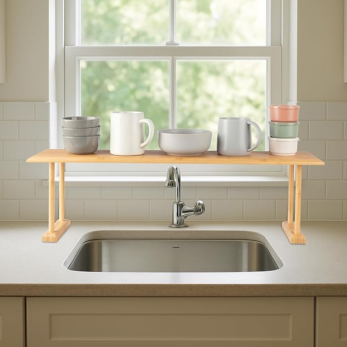 Bamboo Sink Shelf - Countertop Organizer Kitchen, Bathroom, Bedroom, Office - Space-Saving Storage for Soap, Sponges, and Cleaners by Lavish Home
