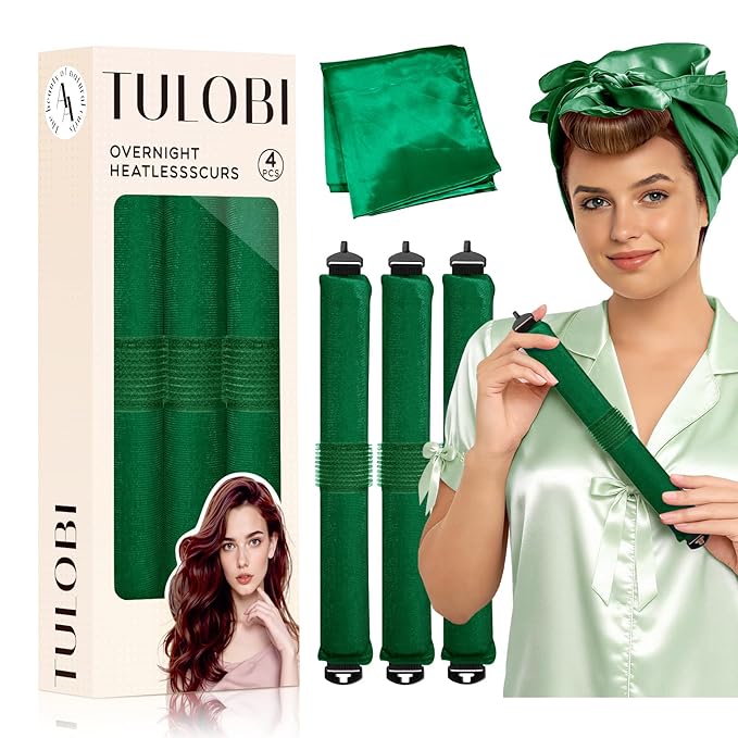 TULOBI 3 Pcs Heatless Curls Overnight - Upgraded Velvet Heatless Hair Curler with Velcro Fastener, Overnight Jumbo Blowout Rods, Hair Curlers to Sleep in for All Hair Types (Green)