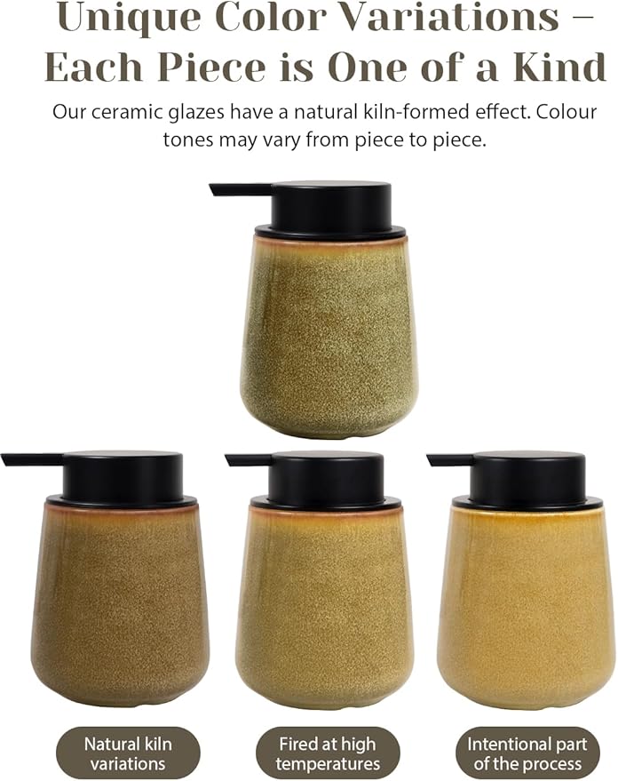 INGOFIN Ceramic Lotion Dispenser - 12 oz Refillable Hand Soap Dispenser Bathroom, Modern Liquid Soap Dispenser with Pump, Dish Dispenser for Kitchen,Kiln-Glazed Earthy Greenish-Brown
