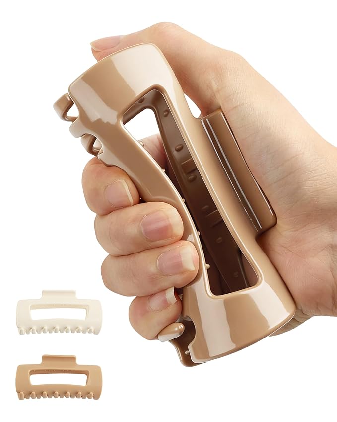 Soft & Flexible Hair Claw Clip 2-Pack, Large Squishy Claw Clips for Thick Hair, Volumizing Hair Clips with Strong Hold, Non-Slip Lightweight Hair-Pins for Women Daily Use（Coffee+Off-White）