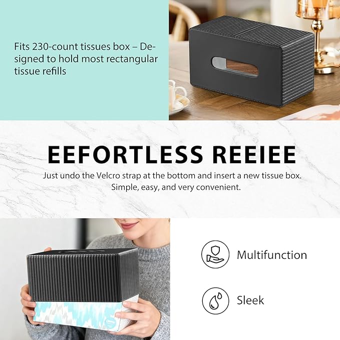 Fanousy Large Tissue Box Cover Rectangular with Bottom Belt, Fits 230-Count Kleenex, Modern PU Leather Facial Tissue Dispenser Holder for Bathroom Vanity, Nightstand, Bedroom, Office, Home Decor