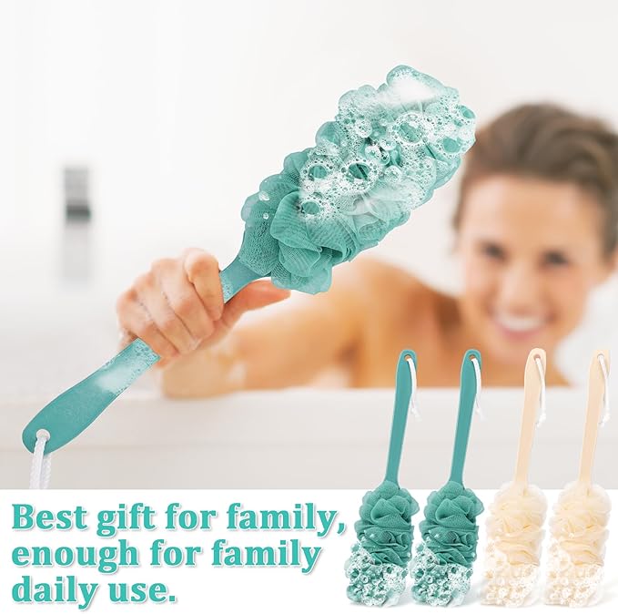 4Pack Back Scrubber for Shower Loofah with Long Handle, Shower Brush for Body, 17″ Loofah on a Stick for Men Women Bathing Accessories, Scrubber Sponge for Exfoliating Bath Brushes (Beige & Green)