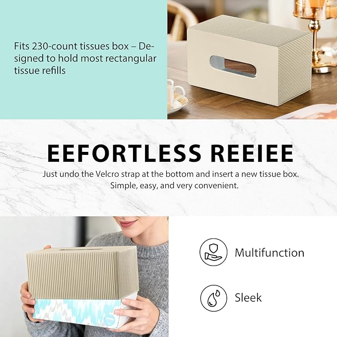 Fanousy Large Tissue Box Cover Rectangular with Bottom Belt, Fits 230-Count Kleenex, Modern PU Leather Facial Tissue Dispenser Holder for Bathroom Vanity, Nightstand, Bedroom, Office, Home Decor