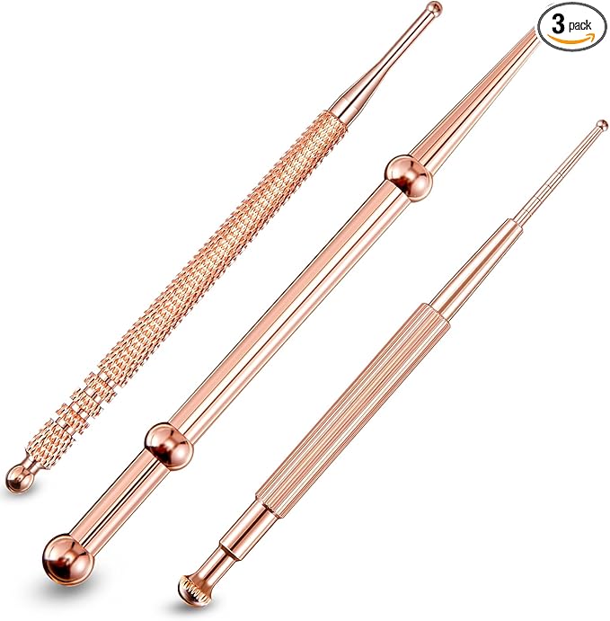 Nuanchu 3 Pieces Facial Reflexology Massage Tool Stainless Steel Manual Acupuncture Pen Retractable Acupuncture, Stainless Steel Double Headed Spring Loaded Ear and Body Point Probe Pen (Rose Gold)