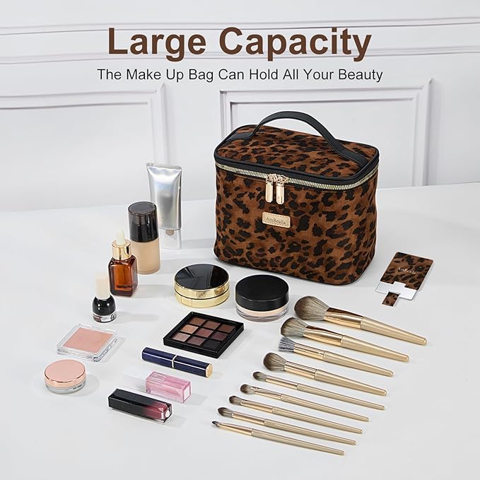 AmBealla Large Makeup Travel Bag Cosmetic Bags with Makeup Mirror and Brush Holder,Makeup Organizer Leopard Print for Women,Portable Toiletry Bag for Fashion Girls