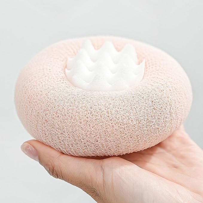2Pcs Bath Sponge Shower Loofah, Exfoliating Body Scrubber, Upgrade Large 2-in-1 Sunflower Bath Ball with Suction Cup Non-Slip Handle, Bath Sponges for Men Women(Pink&Beige)
