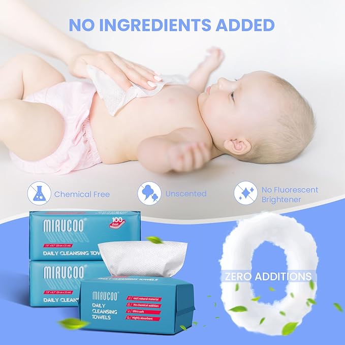 100 Sheet Daily Cleansing Towels Ultra Soft Dry Wipes for Sensitive Skin Disposable Facial Washcloths 100% Organic Viscose (Pack of 6)