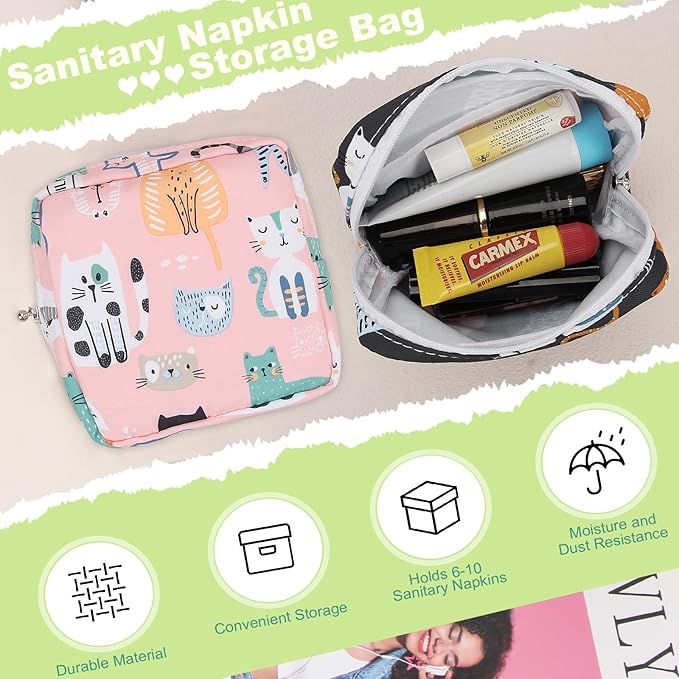 Desing Wish Sanitary Pad Storage Bag Portable Period Bag for Teen Pads/Sanitary Napkins/Small Tampons, Sanitary Napkin Storage Bag First Period Gifts for Teen Girls (Purple Hearts)