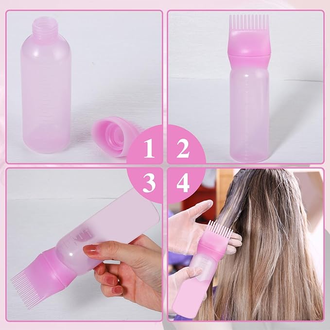 Pimoys 2 Pack Root Comb Applicator Bottle, 6 Ounce Oil Applicator for Hair Dye, Hair Oiling Applicator Hair Coloring Brush Bottle with Graduated Scale