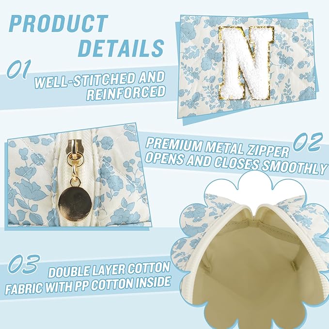 Personalized Quilted Cosmetic Bag, Puffy Monogrammed Christmas Birthday Gifts for Women & Girls, Cute initial Floral Makeup Bag Puffer Coquette Bag, Aesthetic Travel Toiletry Zipper Pouch(Blue,N)