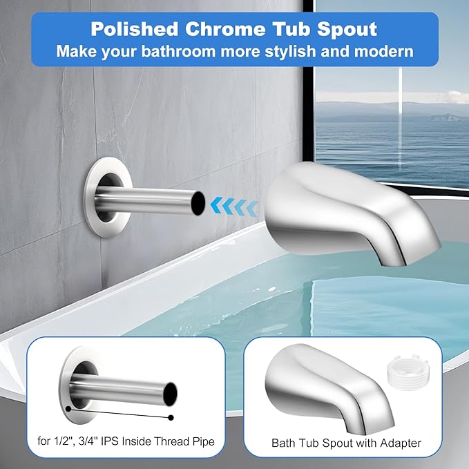 Universal Bath Tub Spout with Adapter, Bathtub Faucet Spout Without Diverter, 5" Length Bathtub Faucet for 1/2'', 3/4'' IPS Inside Thread Connection and Tub/Shower Faucet (Chrome)