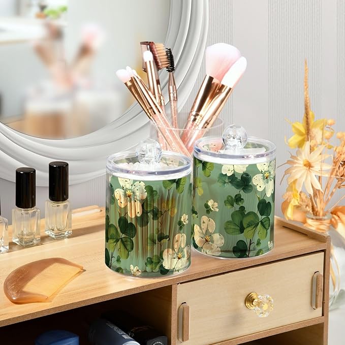 2 Pack Qtip Holder Dispenser for Cotton Ball White Flower Green Leaves Swab Cotton Round Pads Clear Plastic Acrylic Jar Set Bathroom Canister